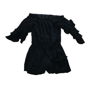 Lulus Off the Shoulder Romantic Ruffled Black Romper
